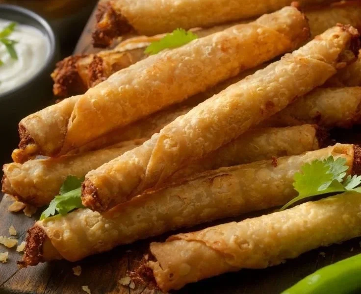 Knusprige vegane Taquitos auf einem Teller serviert