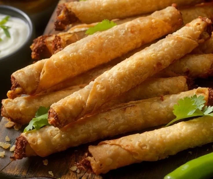Knusprige vegane Taquitos auf einem Teller serviert
