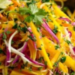 Bunte Schüssel mit Mango Slaw, garniert mit frischen Kräutern und Limetten.