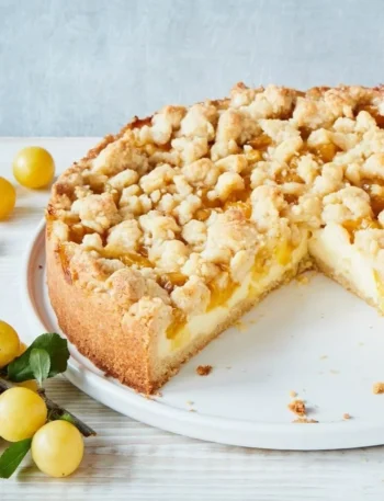 Saftiger Mirabellenkuchen mit cremiger Puddingfüllung auf einem Teller