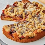 Pflaumenkuchen mit Streuseln auf einem Teller, frisch gebacken und verziert