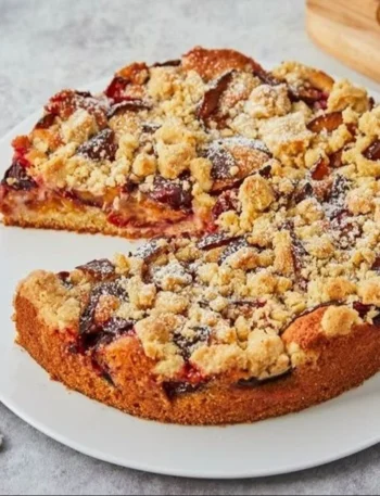 Pflaumenkuchen mit Streuseln auf einem Teller, frisch gebacken und verziert