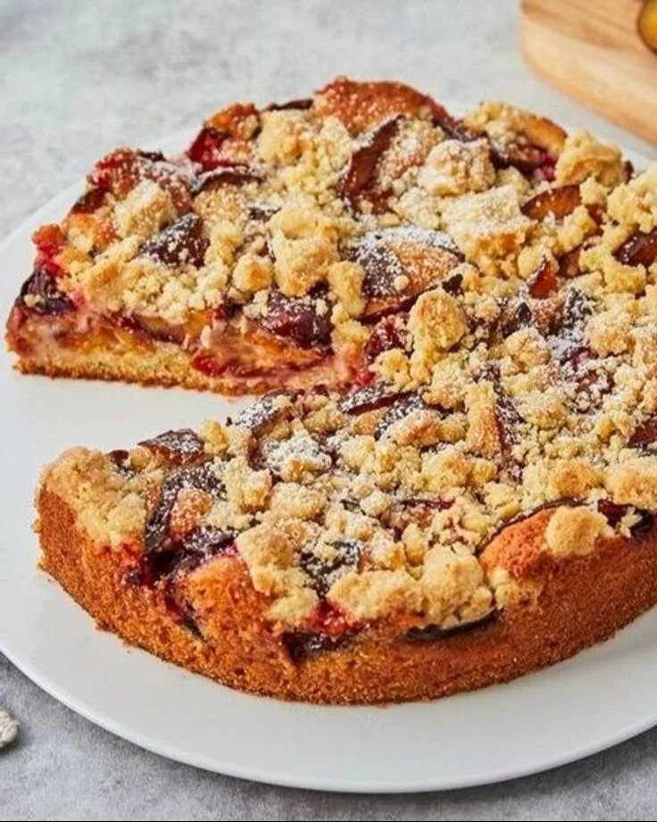 Pflaumenkuchen mit Streuseln auf einem Teller, frisch gebacken und verziert