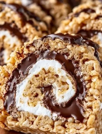 Leckere S'mores Rice-Krispies Rollen auf einem Teller präsentiert.