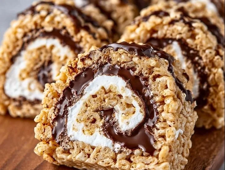 Leckere S'mores Rice-Krispies Rollen auf einem Teller präsentiert.