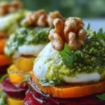 Süßkartoffel-Rote-Bete-Stapel mit Pesto und Burrata auf einem Teller angerichtet.