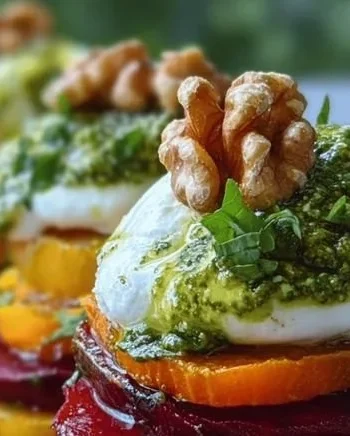 Süßkartoffel-Rote-Bete-Stapel mit Pesto und Burrata auf einem Teller angerichtet.