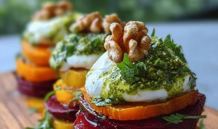 Süßkartoffel-Rote-Bete-Stapel mit Pesto und Burrata auf einem Teller angerichtet.
