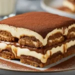 Veganes Biscoff Tiramisu auf einem Teller, dekoriert und bereit zum Servieren.