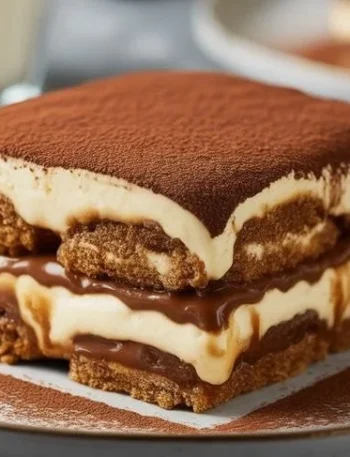 Veganes Biscoff Tiramisu auf einem Teller, dekoriert und bereit zum Servieren.