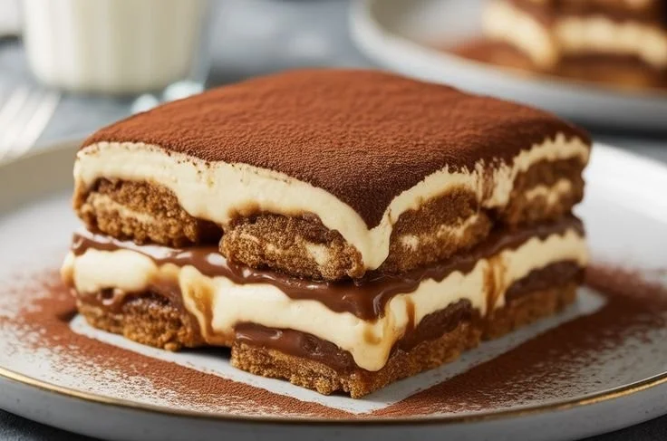 Veganes Biscoff Tiramisu auf einem Teller, dekoriert und bereit zum Servieren.