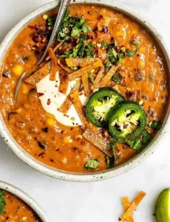 Schüssel mit veganer Tortilla-Suppe, garniert mit Tortilla-Chips und frischem Koriander