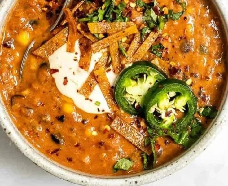 Schüssel mit veganer Tortilla-Suppe, garniert mit Tortilla-Chips und frischem Koriander