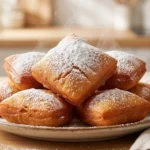 Vegane Beignets auf einem Teller mit Puderzucker bestäubt