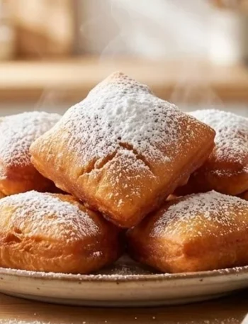 Vegane Beignets auf einem Teller mit Puderzucker bestäubt