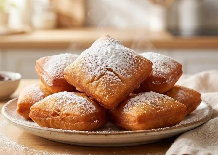 Vegane Beignets auf einem Teller mit Puderzucker bestäubt
