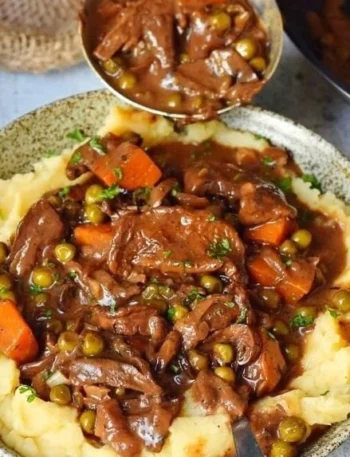 Veganes Pilz-Bourguignon Gericht serviert in einer Schüssel