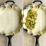 Vegane Spinatpastete frisch aus dem Ofen, serviert mit frischem Gemüse