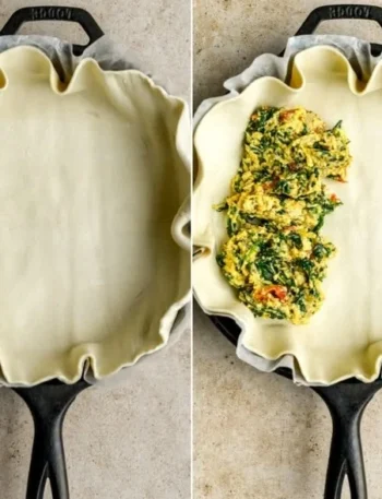 Vegane Spinatpastete frisch aus dem Ofen, serviert mit frischem Gemüse