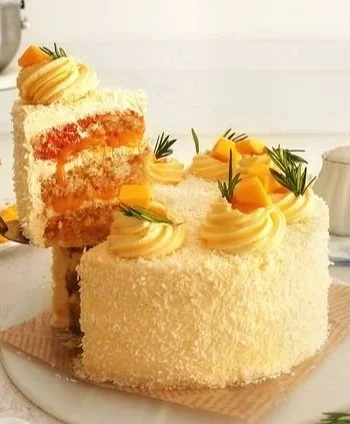 Veganer Mangokuchen mit frischen Mangos und einer cremigen Glasur
