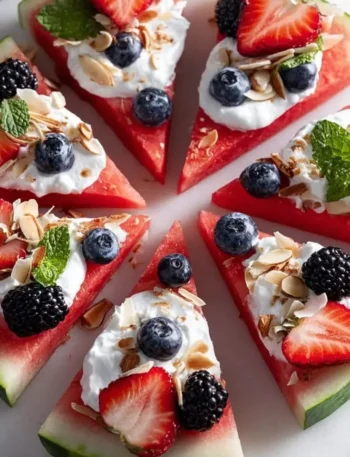 Wassermelonenpizza mit Joghurt und sommerlichen Früchten