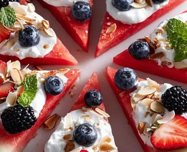 Wassermelonenpizza mit Joghurt und sommerlichen Früchten