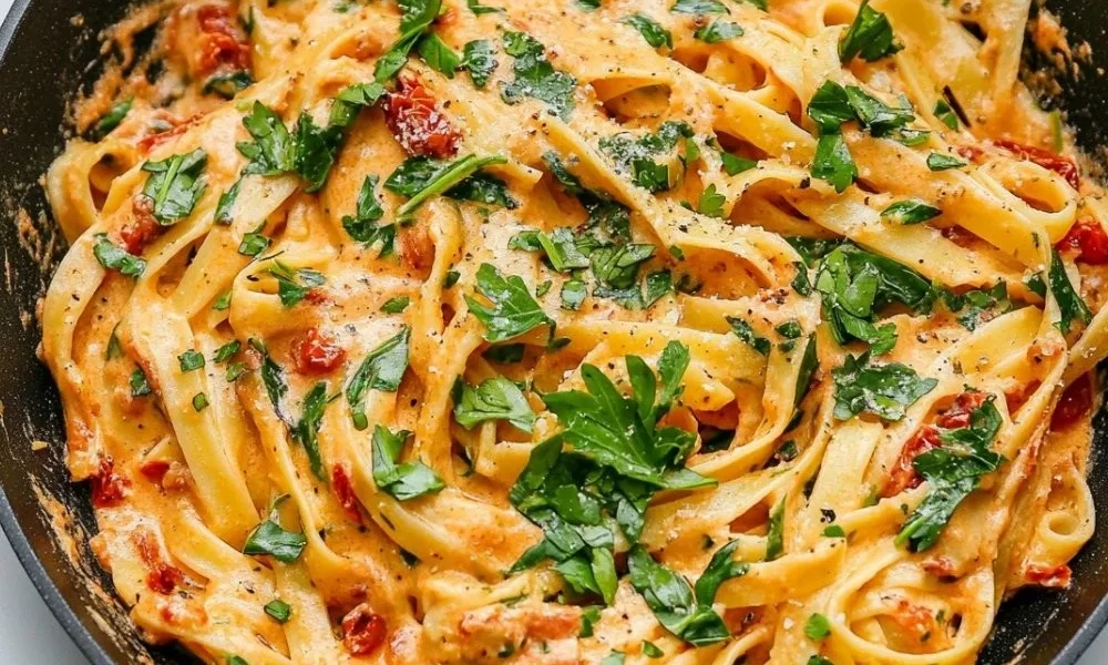 Cremige vegane Pasta mit sonnengetrockneten Tomaten auf einem Teller