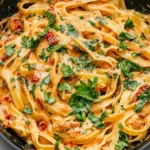 Cremige vegane Pasta mit sonnengetrockneten Tomaten auf einem Teller