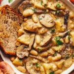 Cremige weiße Bohnensuppe mit Pilzen in einer Schüssel serviert.