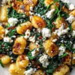 Cremige Gnocchi mit Spinat und Feta auf einem Teller serviert