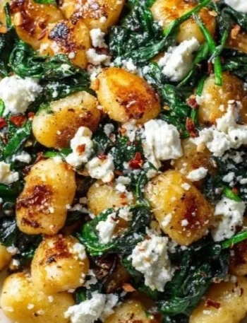 Cremige Gnocchi mit Spinat und Feta auf einem Teller serviert