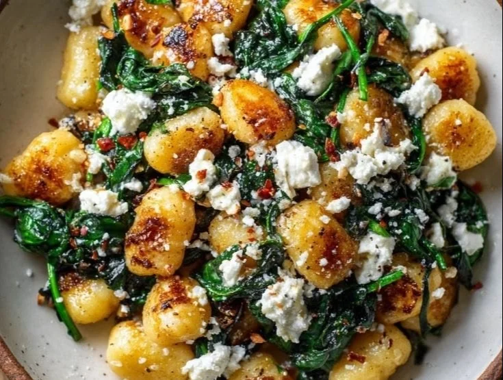 Cremige Gnocchi mit Spinat und Feta auf einem Teller serviert