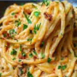 Cremige vegane Pasta mit karamellisierten Zwiebeln auf einem Teller serviert.