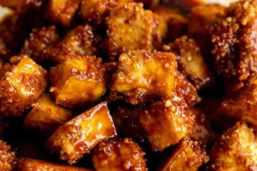 Crispy Gochujang Tofu serviert auf einem Teller mit frischem Gemüse.