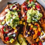 Vegane gefüllte Süßkartoffeln mit buntem Gemüse und Kräutern auf einem Teller.