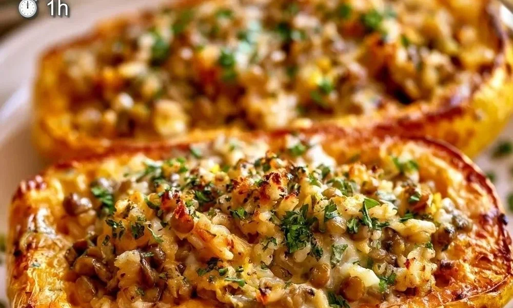 Mediterraner gefüllter Spaghetti-Kürbis mit frischen Zutaten.