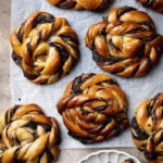 Frisch gebackene Schokoladen-Schneckenbrötchen auf einem Tablett