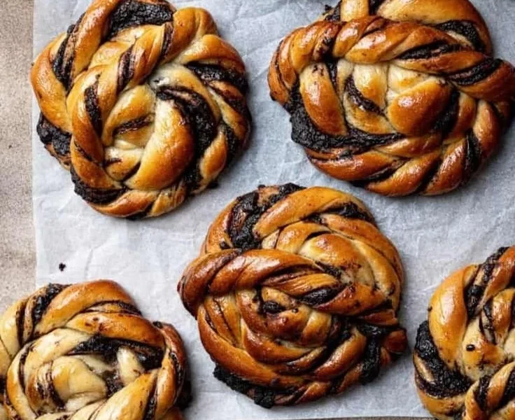 Frisch gebackene Schokoladen-Schneckenbrötchen auf einem Tablett