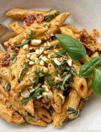 Vegane Pasta mit cremiger Cashewcreme serviert in einer Schüssel.