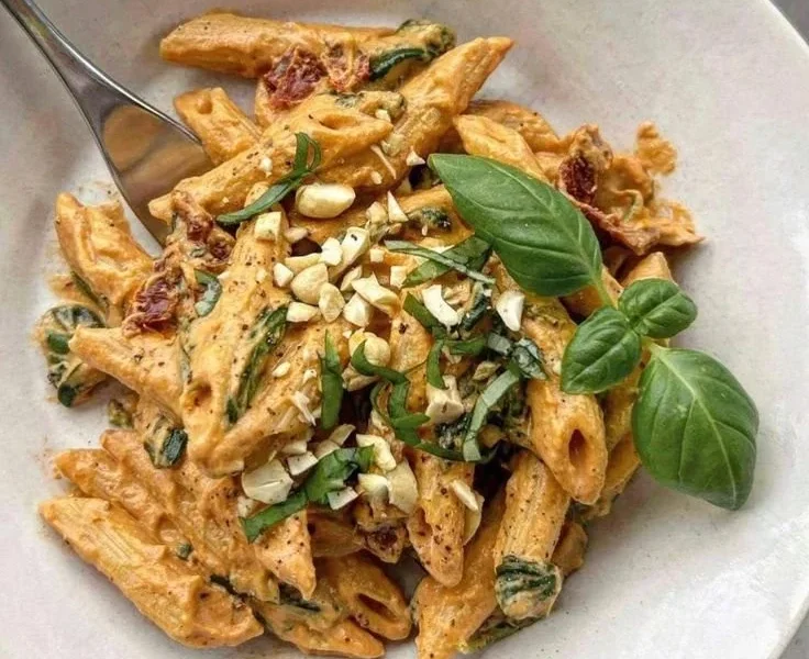 Vegane Pasta mit cremiger Cashewcreme serviert in einer Schüssel.