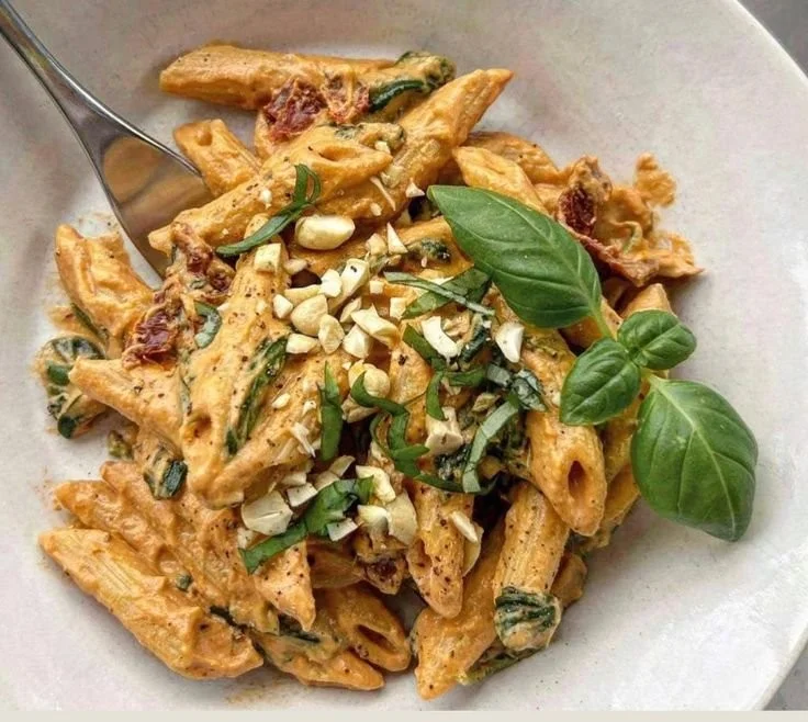 Vegane Pasta mit cremiger Cashewcreme serviert in einer Schüssel.