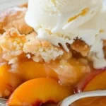 Veganer Pfirsich-Cobbler auf einem Teller, bereit zum Genießen.