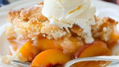Veganer Pfirsich-Cobbler auf einem Teller, bereit zum Genießen.